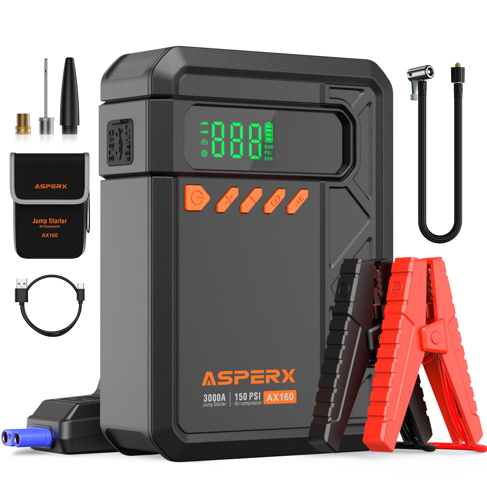 Jump Starter with Air Compressor, 3000A Portable Car Jumper, 150PSI Cordless Tire Inflator, 12V Jump Box for 9.0 Gas/7L Diesel Engine, Power Bank, 400LM Light, Car Battery Booster with Storage Bag