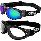 Global Vision Eliminator Padded Motorcycle Riding Goggles 2 Pair Black w/Clear & Green Mirror Lenses