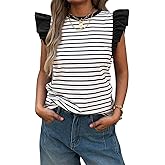 Mieazom Women's Ruffle Cap Short Sleeve Striped T Shirts Summer Casual Loose Fit Top Basic Tee Tunic Tops