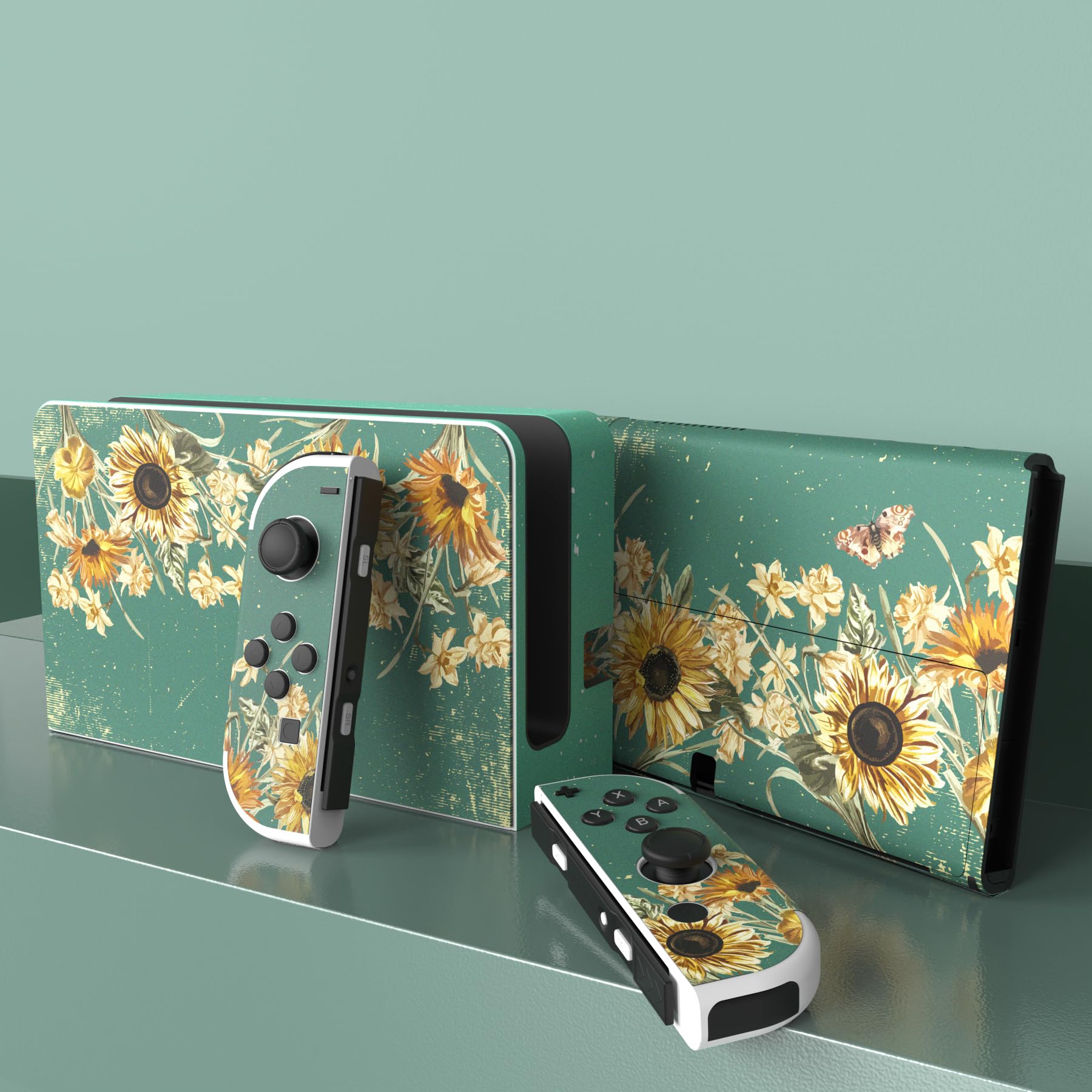 Full Set Protective Stickers for Nintendo Switch OLED Model, Customized Vinyl Decal Skins for Switch OLED Console & Joycon & Dock & Grip - Sunflowers