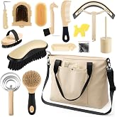 Abbylike 15 Pieces Horse Grooming Kit with Organizer Tote Bag Tack Room Supplies Horse Brush Sets Care Equine Cleaning Kit Shedding Grooming Massaging Tools (Beige)