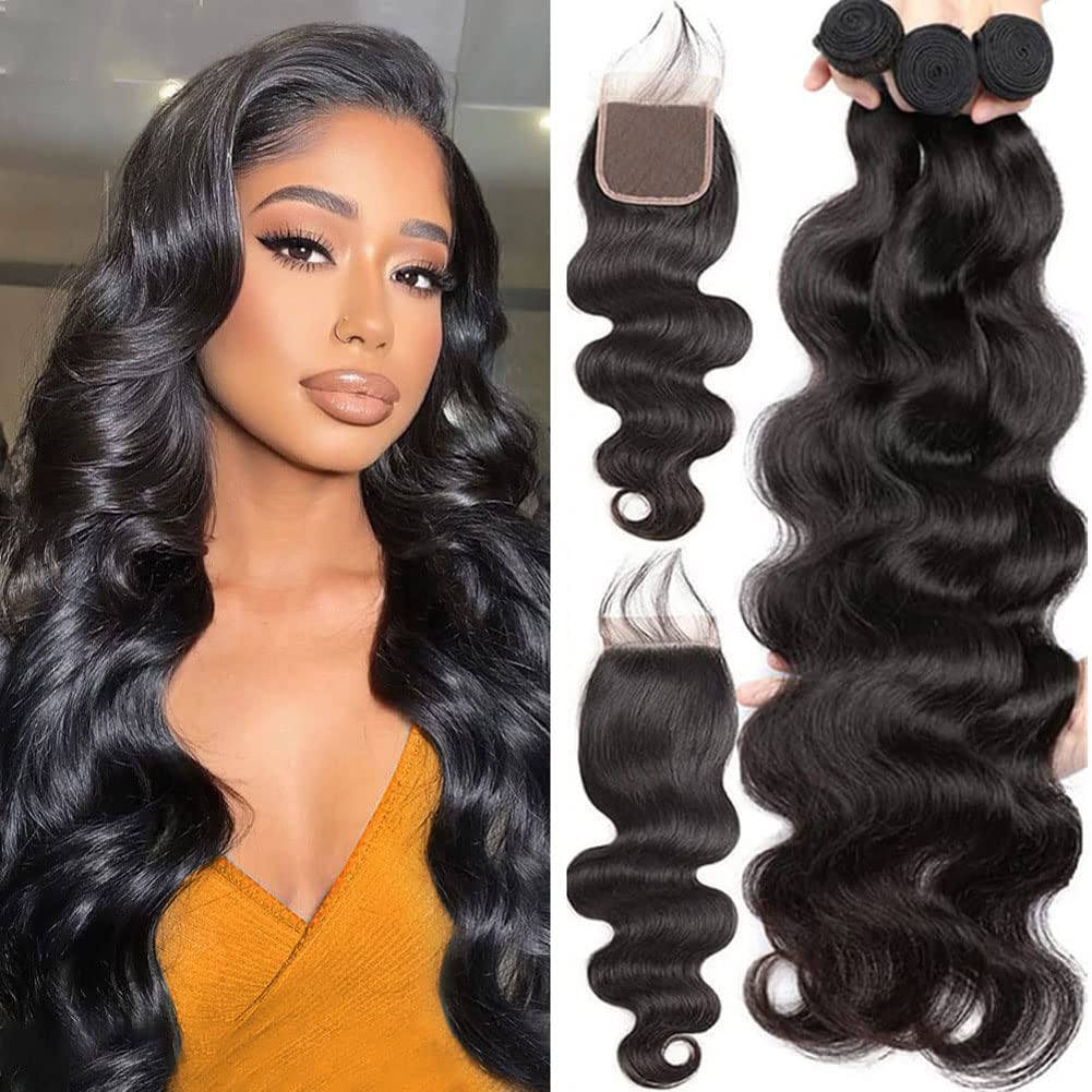 Body Wave Brazilian Human Hair 3 Bundles with Closure (18 18 18+16) Body Wave 100% Unprocessed Virgin Hair Bundles with 4x4 Lace Closure Free Part Natural Black Color — image 1