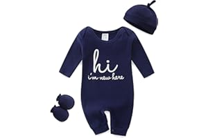 BIBIMOM Baby Romper with Baby Mittens & Newborn Hats Footless Long Sleeve Solid Onesie Hi Im New Here