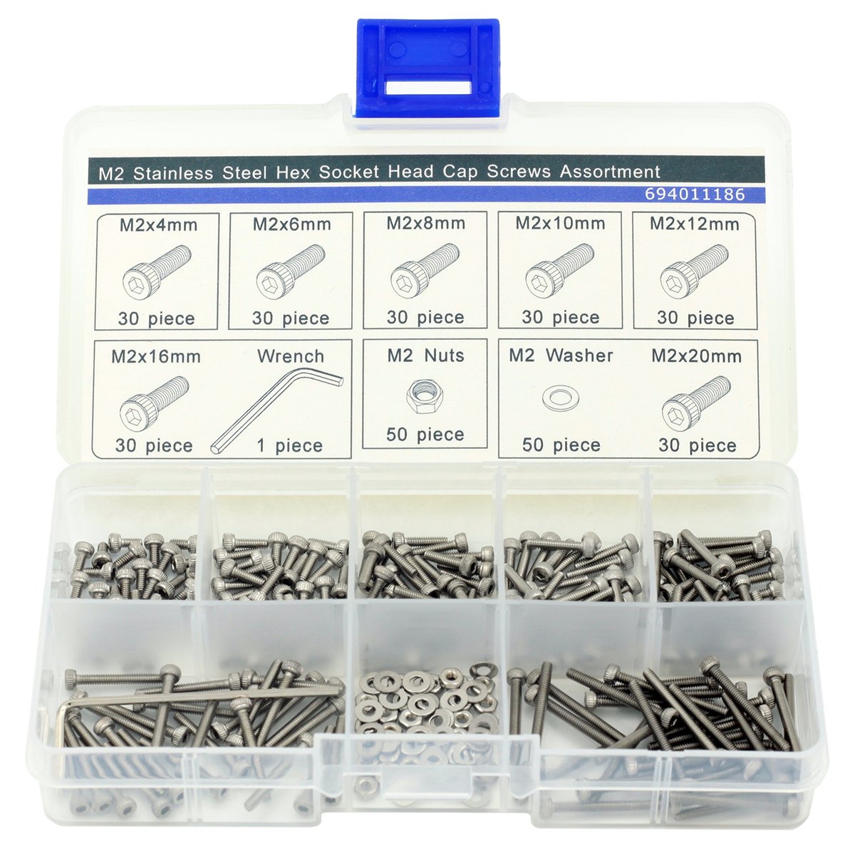 M2 Stainless Steel Hex Socket Cap Screw,Hex Nut,Washer,Wrench Assortment 311 pcs