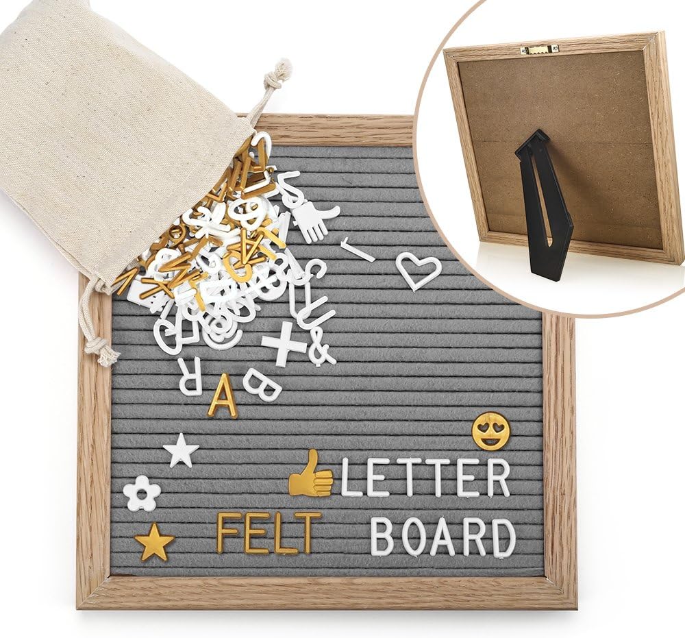 Felt Letter Board, 10x10 inch Oak Wood 454 Characters White & Golden Letters Numbers Symbols Emoji Massage Board with Canvas Bag for Home Office Anniversary Gifts Kids DIY