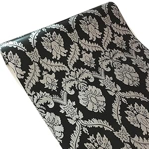 BESTERY Vintage Black Damask Adhesive Paper Shelf Liner Peel & Stick Dresser Drawer Sticker Home Deco Wallpaper 17.7inch by 100inch (WZ-B)