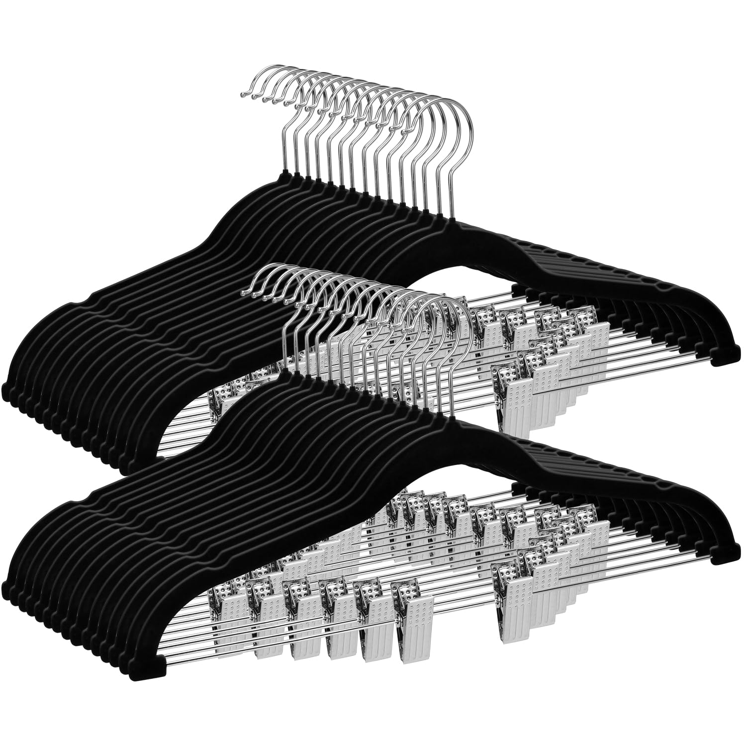 Photo 1 of POZEAN 30 Pack Black Velvet Hangers with Clips, Velvet Skirt Hangers, Space Saving for Pants, Skirts, Jeans, Shorts, Kids' Clothes, and More