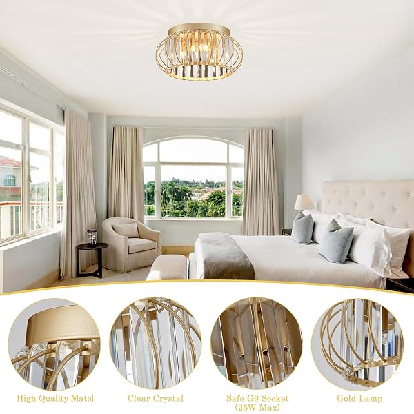 CABVOPE 3-LIGHT MODERN CRYSTAL CHANDELIER GOLD FLUSH MOUNT CEILING LIGHT FIXTURES FOR HALLWAY FOYER BEDROOM KITCHEN DINING ROOM LIVING ROOM, METAL INDOOR CLOSE TO CEILING LAMP
