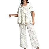 BEAUDRM Women's 2 Pieces Plus Size Square Neck Sleepwear Rose Printed Ruffled Hem Pajamas Set Lounge Wear