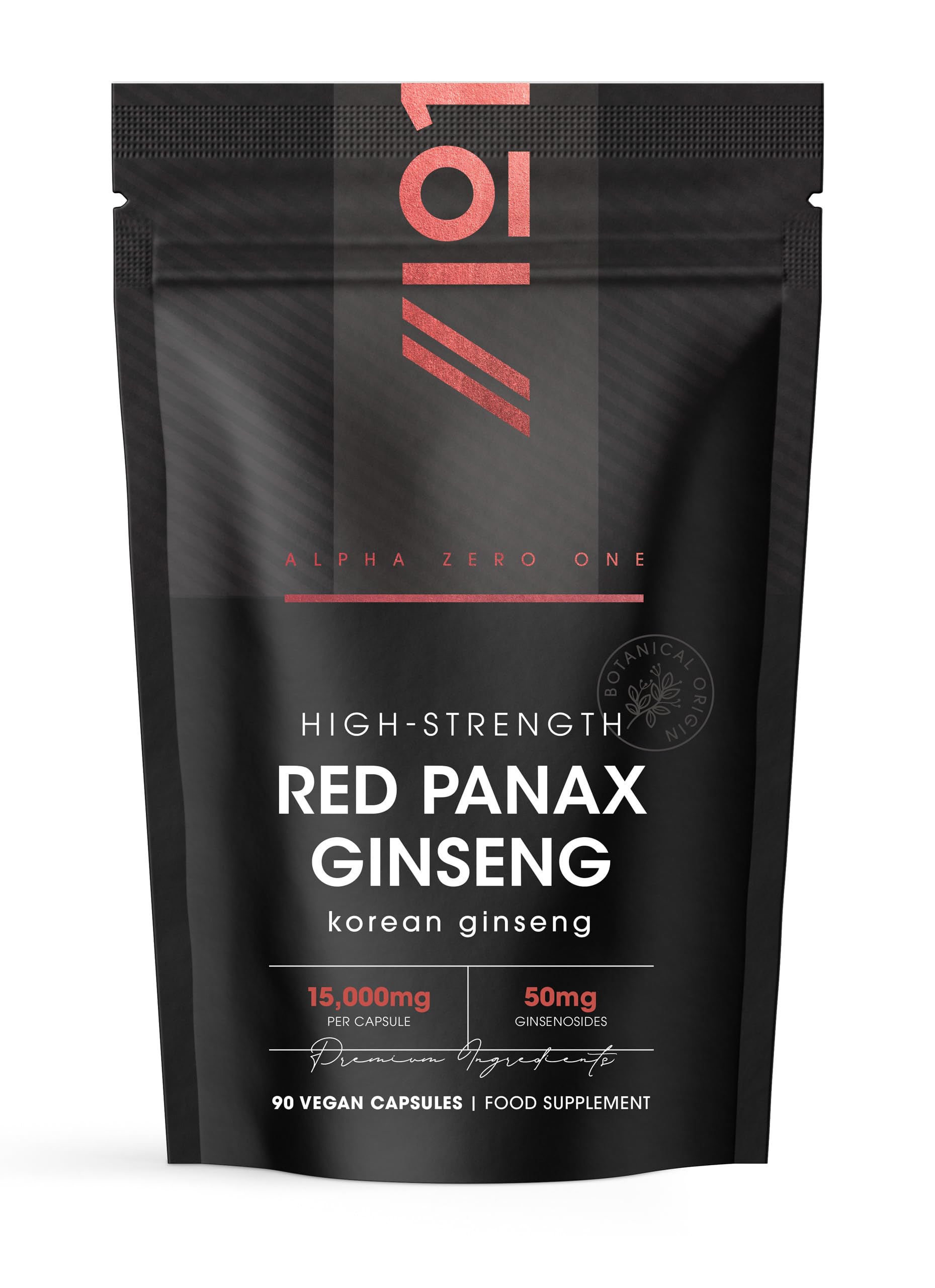 Panax Ginseng Extract 15,000mg – 50mg Ginsenoids High Strength Korean Red Ginseng – 90 Vegan Capsules – Resealable and Recyclable Pouch by Alpha01