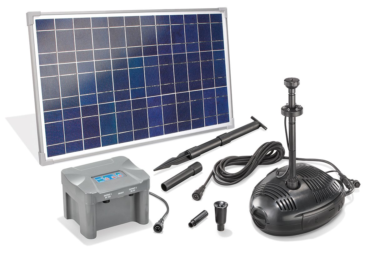 Solar Teichpumpenset Roma LED 35W Solarmodul Mit Akku Solarpumpe