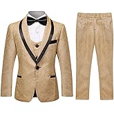 SWOTGdoby Boys Gold Tuxedo Suit Shiny Festive Dress 3 Pieces Blazer Pants Vest for Wedding