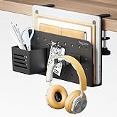 PEGZONE Desk Side Storage Organizer, Fits Flat Edge 0.4" to 2.2", Black | No Drill Under Desk Laptop Holder, Clamp on Desks Shelf with Pegboard Accessories, Hanging Laptop Mount