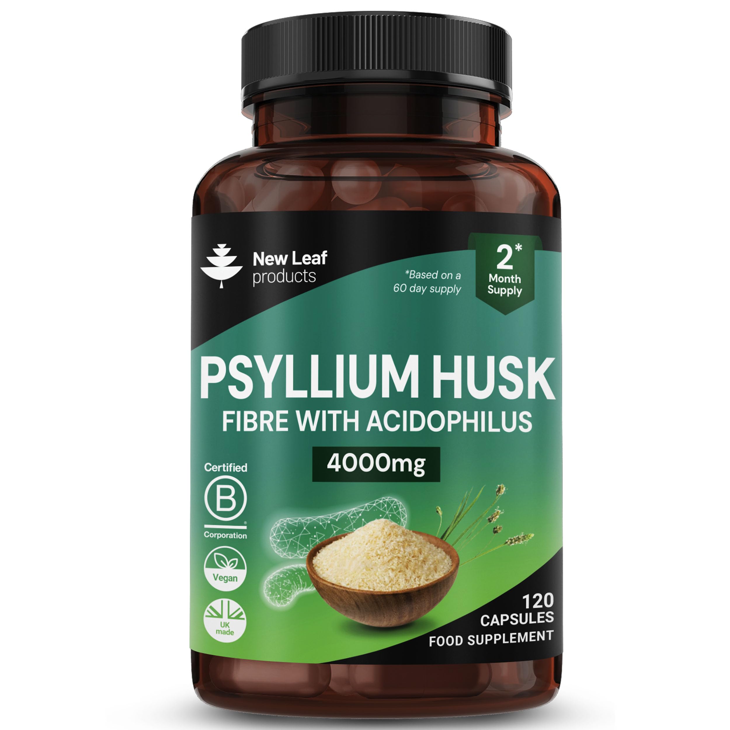 Fibre Supplement 4000mg Psyllium Husk with Acidophilus - High Strength - Natural Soluble Fiber Supplement from Plantago Ovata Seeds, 120 Psyllium Husks Capsules Vegan, UK Made by New Leaf