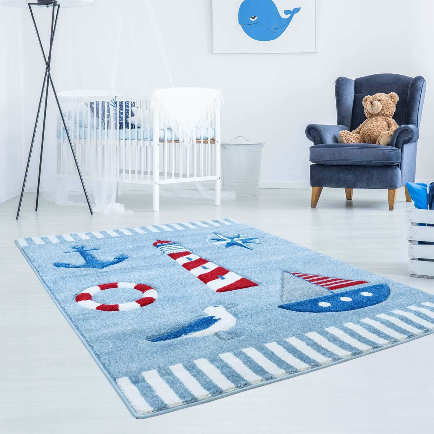 High Quality Children's Rug with Contour Cut High Gloss Soft Maritime Sailing Boat Seagull Blue Red Turquoise White, 140/200 cm