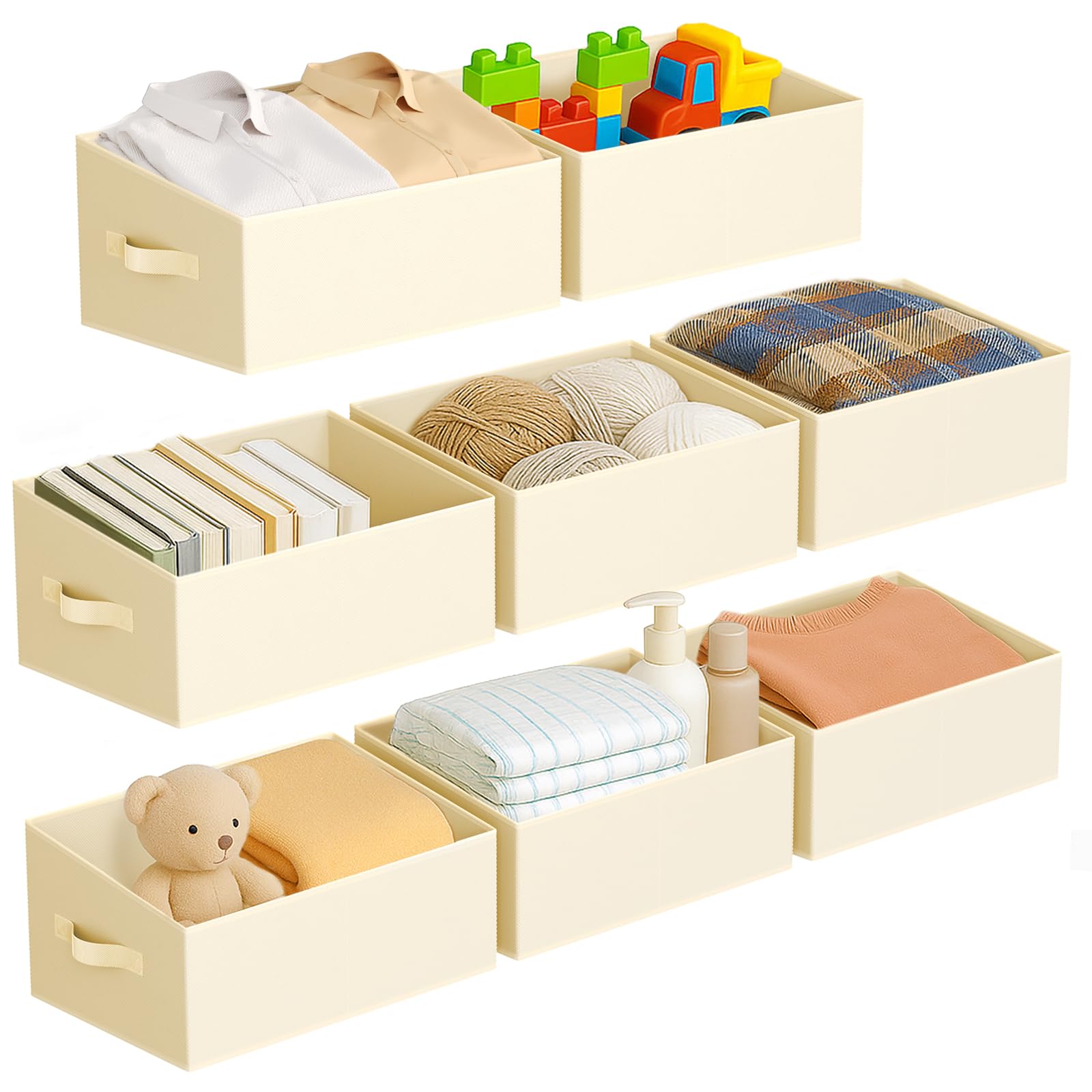DIMJ Large Closet Storage Bins 8 Pack - Fabric Trapezoid Closet Organizer Bin, Foldable Storage Baskets for Shelves, Closet Shelf Organizer, Clothing Storage Box for Toys, Books, Towel, Clothes, Beige Image