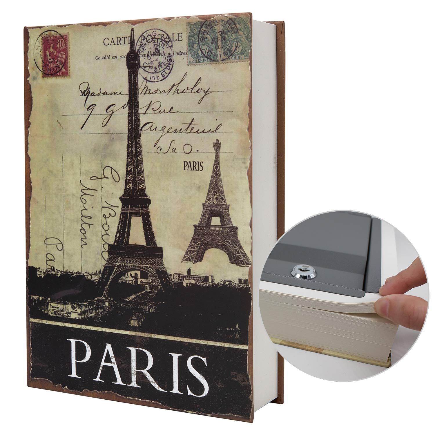 Real Paper Diversion Book Safe Storage Box, Dictionary Secret Safe with Code Lock/Key, flip Book Hidden Safe (M Key, Paris)