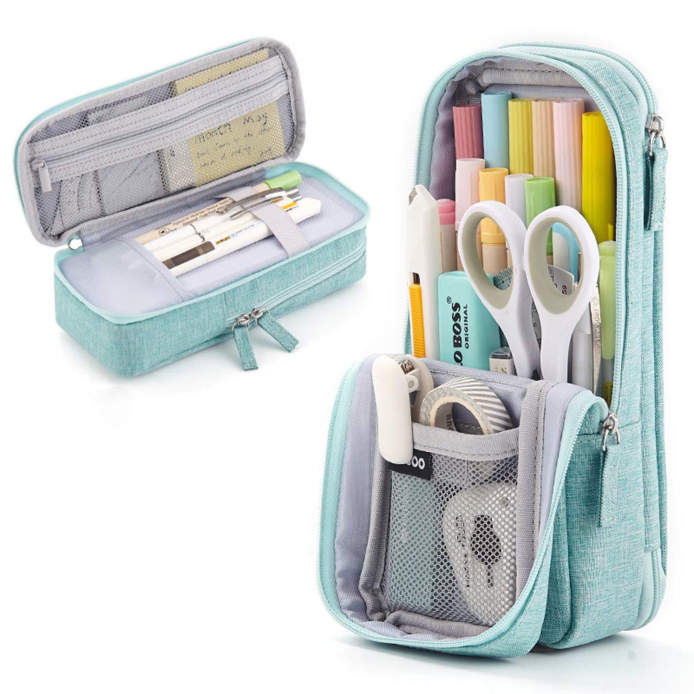 iSuperb 2 Layer Standing Pencil Case Phone Support Stand Up Pen Pouch Fold Down 3C Bag Double Pen Holder with Zipper, Office School Desk Stationery Organizer Slide Stand Pencil Bag (Green)