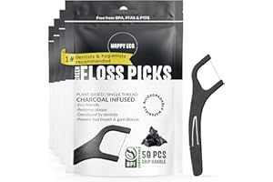 HAPPY ECO Biodegradable Floss Picks (200pcs) - Natural Dental Floss - Nontoxic Plant Based Floss Sticks for Adults & Kids - Vegan Tooth Pick Flossers - Single Thread Charcoal