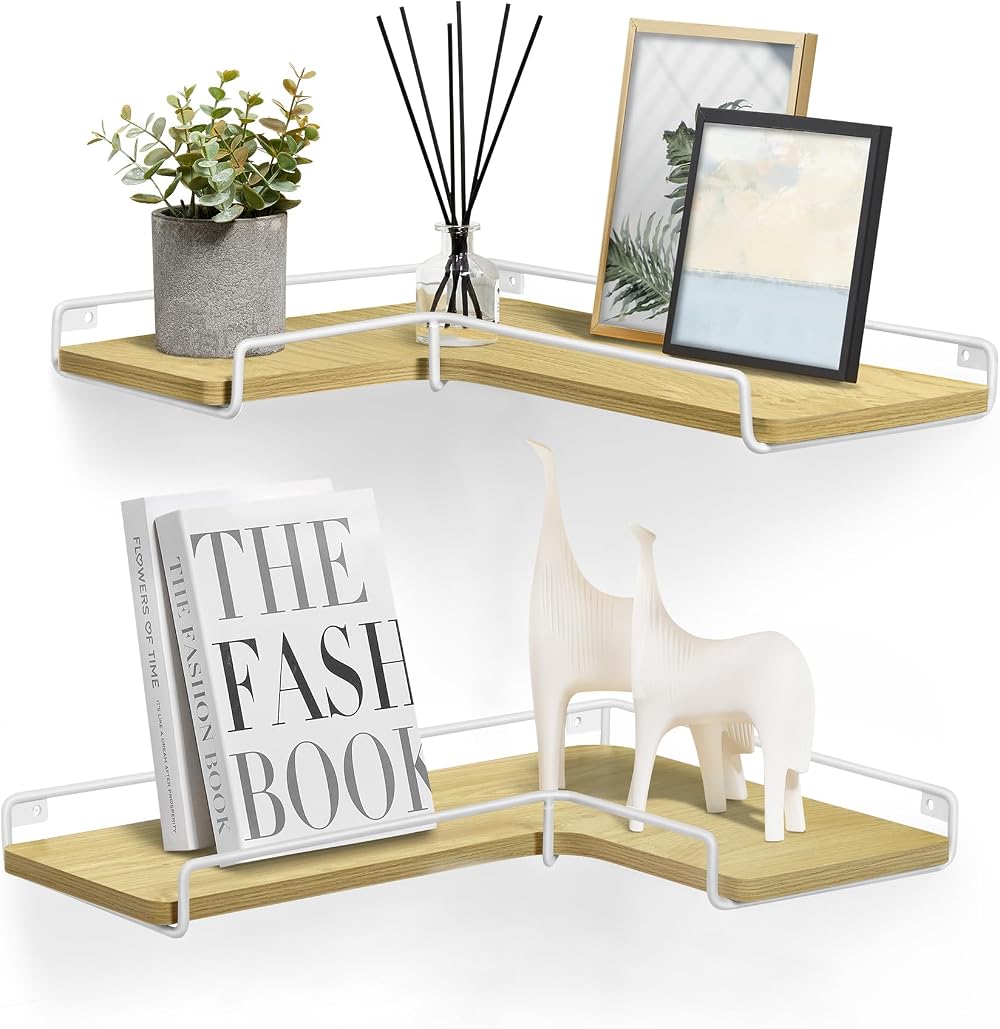 VASAGLE Floating Shelves Set of 2 L-Shaped Corner Shelves Natural Oak White