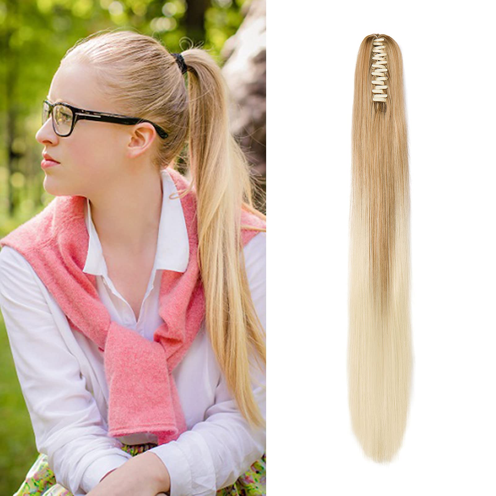 Cybelleza 22inch Ponytail Hair Extensions - Dark Blonde Ombre Bleach Blonde - Clip-In Ponytail - Straight Synthetic Hair