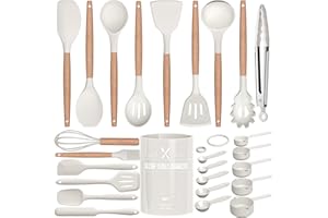 EWFEN Kitchen Utensils Set, 26 Pcs Non-Stick Silicone Cooking Utensils Spatula Set with Holder, Sturdy Wooden Handle, Heat Resistance Silicone Kitchen Gadgets Utensils Set, White