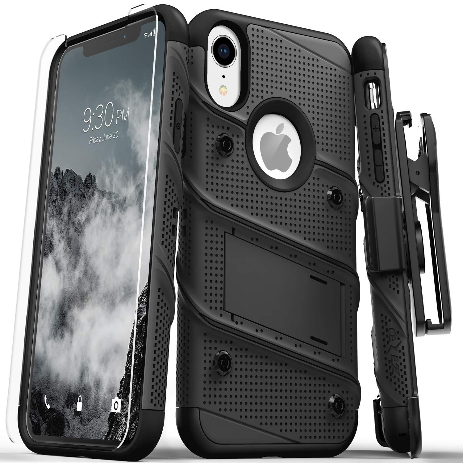 Zizo 1BOLT-IPHXR-BKBK Bolt Cover Kickstand and Holster Case with Glass Screen Protector for iPhone XR - Black