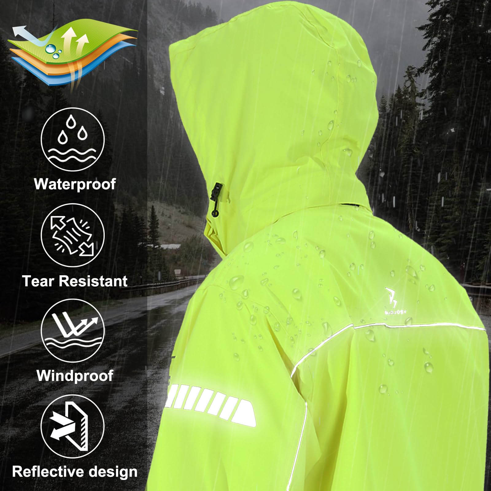 Burjosy Regenanzug Herren, Wasserdicht Regenjacke Regenhose, Packbare Leicht Reflektierende Windjacke mit Kapuze, Atmungsaktiv Fahrrad Regenmantel für Outdoor Wandern Camping 6