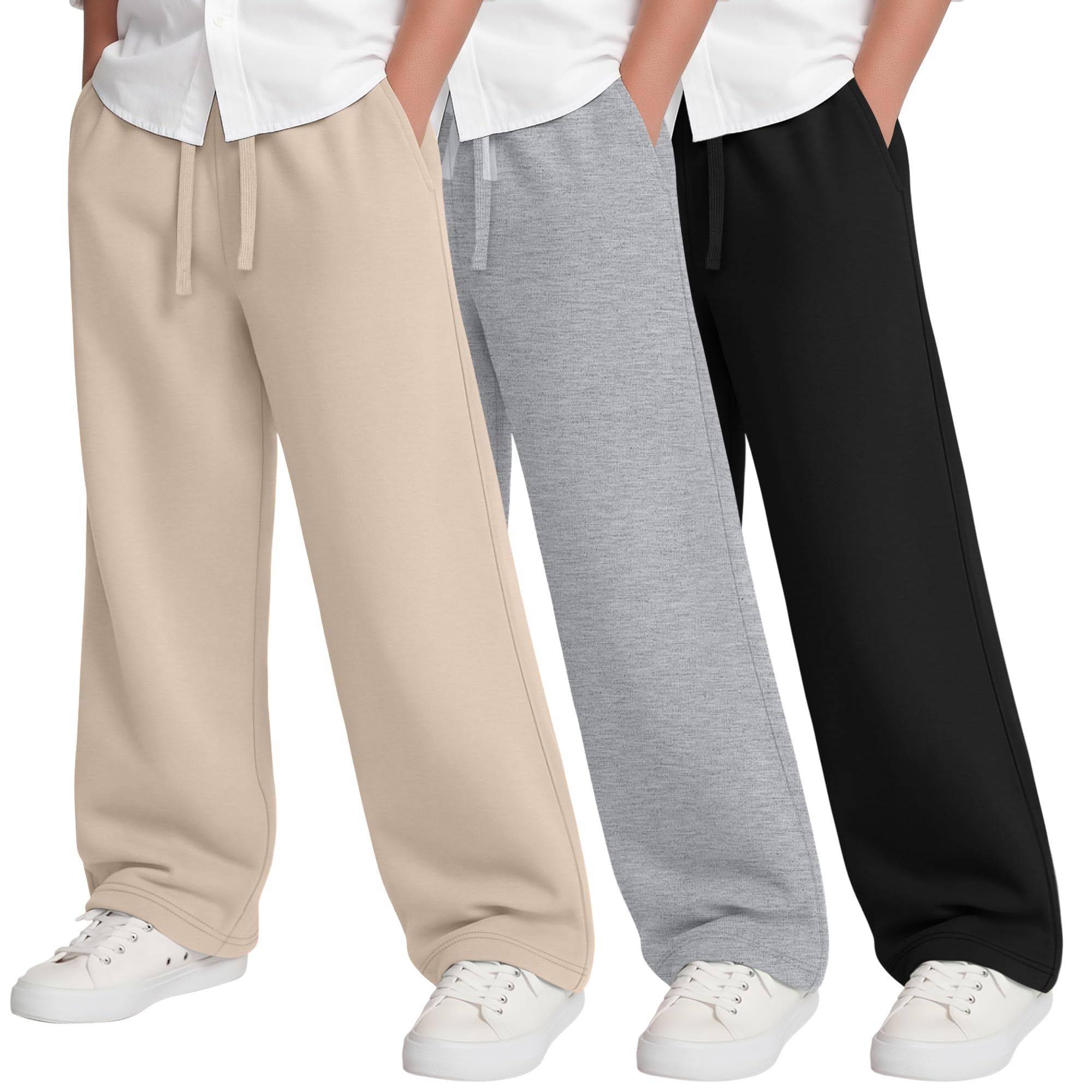 Photo 1 of LessonZoo 3 Pack Boys Sweatpants Straight Leg Athletic Open Bottom Joggers Lightweight Drawstring Kid Pants with Pockets(Black, Light Mixed Gray, Apricot,X-Large)