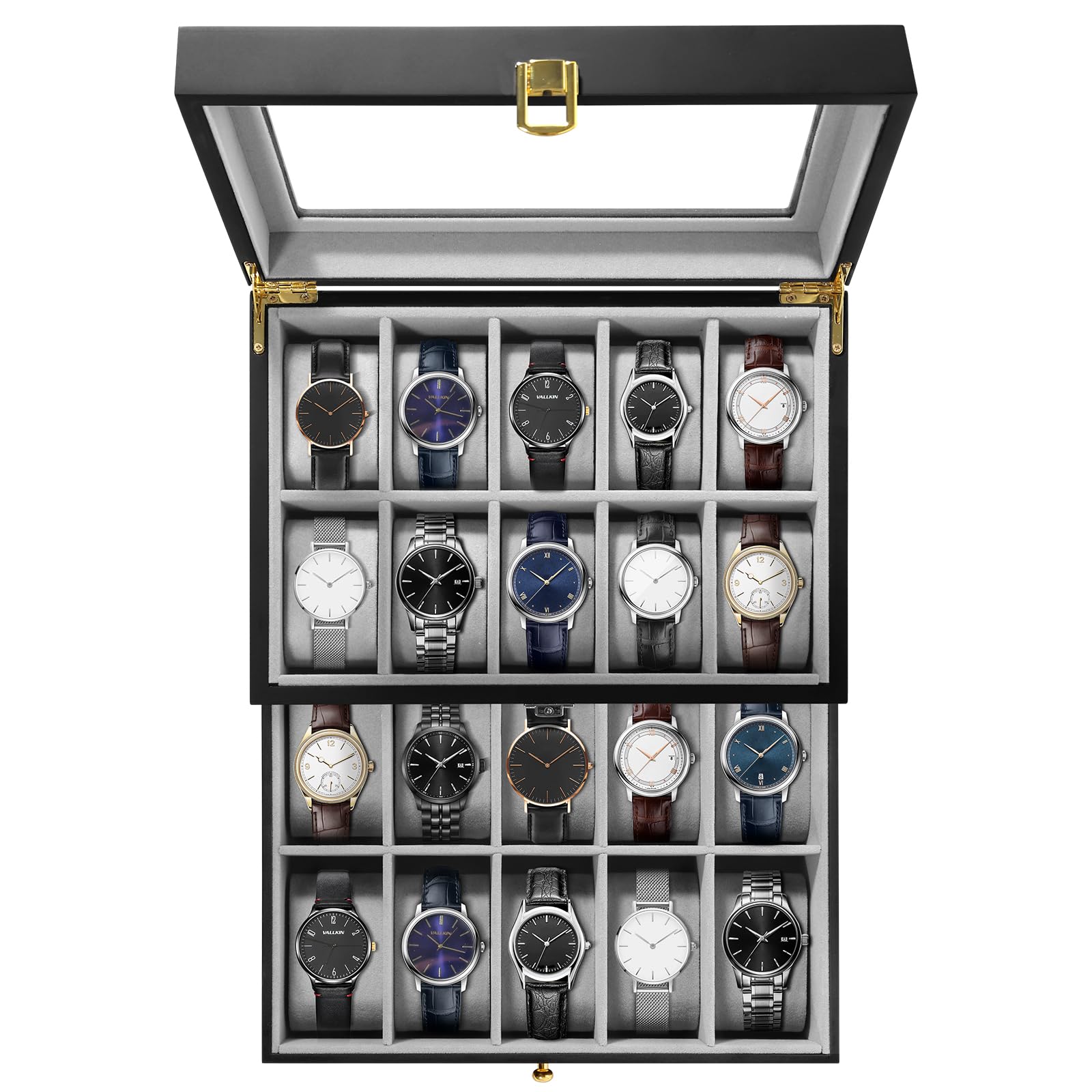 Uten Watch Box 20 Slots, 2-Tier Wood Watch Case with Glass Lid, Watch Display Storage Box for Men and Women, Removable Watch Pillows, Metal Clasp, Piano Lacquer Wood, Black Velvet Lining, Gift Idea