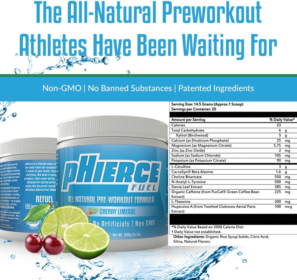 pHierce Fuel All Natural Pre Workout Energy Powder with Beta Alanine and Xylitol - Keto Friendly Athlete-Grade Formula with No Artificial Sweeteners or Banned Subtances, Cherry Limeade, 20 Servings: Health & Personal Care