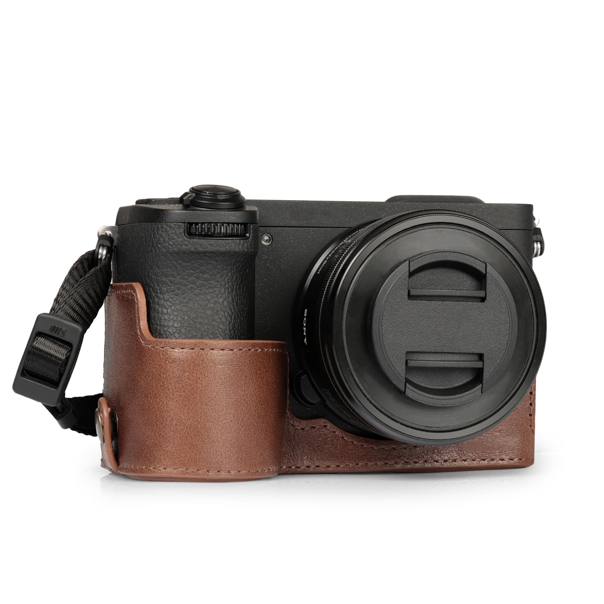 MegaGear Genuine Leather Half Camera Case for Sony Alpha a6700 - Stylish and Protective (Brown)