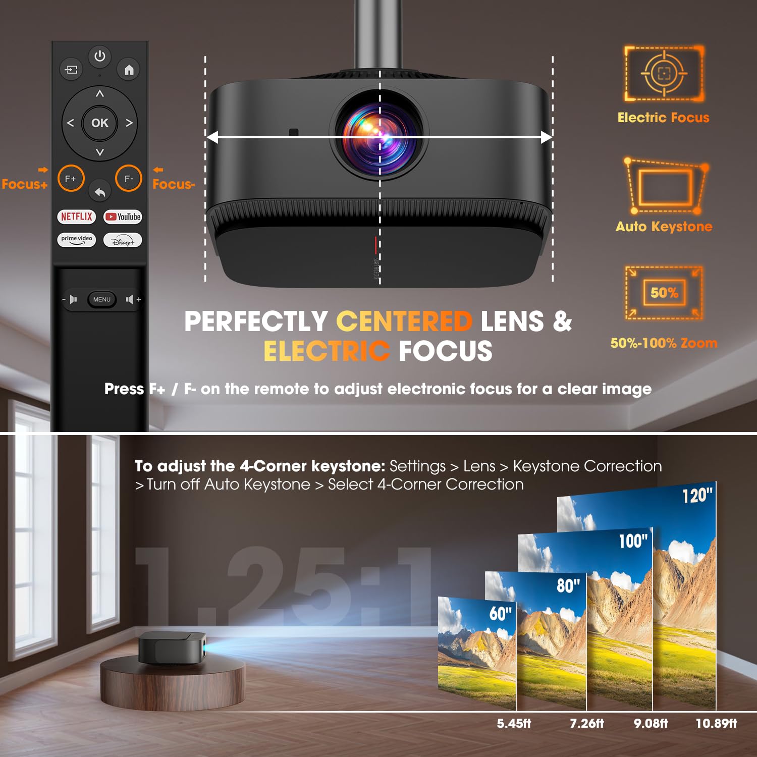[386+ Built-in Apps] DBPOWER E2 Smart Projector with WiFi and Bluetooth, Native 1080P Mini Projector Compatible with Netflix, Youtube, Disney+, Hulu, Max & Crunchyroll, Electric Focus & Carry Case