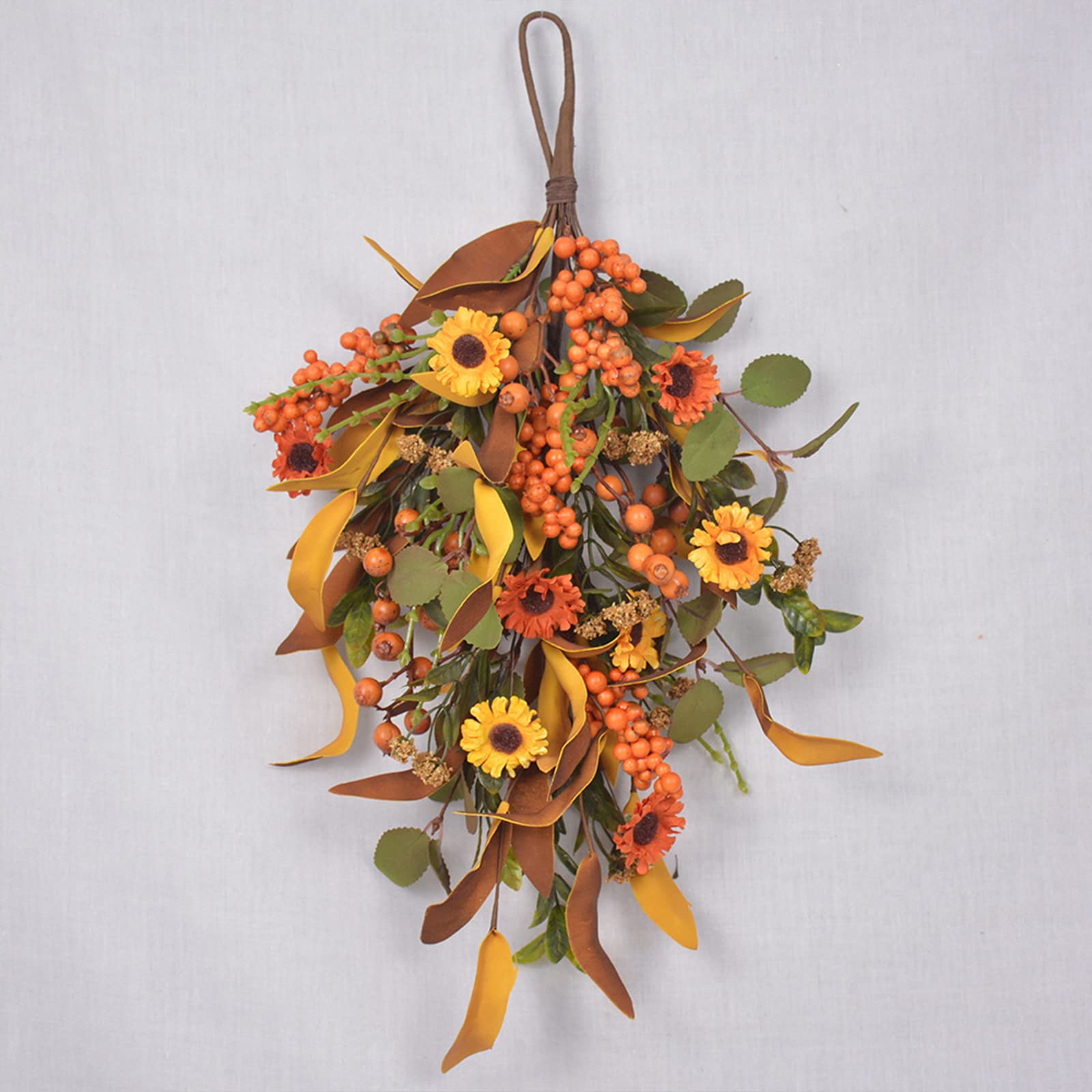 MISNODE 19.7 Fall Sunflowers Pumpkins Maple Leaves Berries Harvest Swag, Autumn Hanging Teardrop Garland for Front Door Thanksgiving Halloween Decor