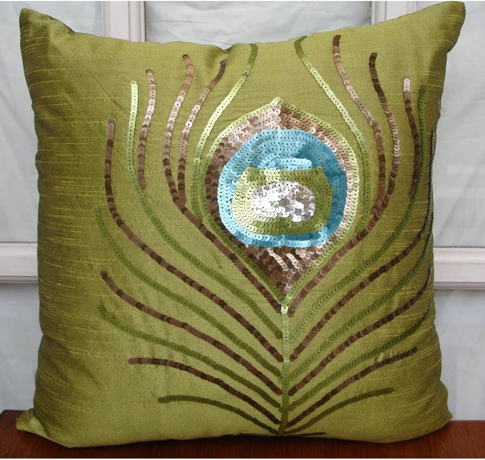 Green Peacock Feather 50x50 cm Square Decorative Throw Green Silk