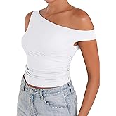 Sunzel Women's Off Shoulder Sleeveless Crop Top, Y2K Trendy Going Out Tank Shirt, Asymmetrical Neckline & Ruched Detail