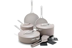 GreenPan Nova Healthy Ceramic Nonstick 10-Piece Cookware Pots and Pans Set, PFAS & PFOA-Free, Frying Pans, Saute, Stockpot, Utensils, Lids, Induction Suitable, Dishwasher Safe,Oven & Broiler Safe,Clay