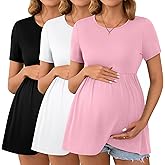 Ficerd 3 Packs Cotton Women's Maternity Tops Short Sleeve Scoop Neck Elastic Band High Waist Shirts Pregnancy Clothes