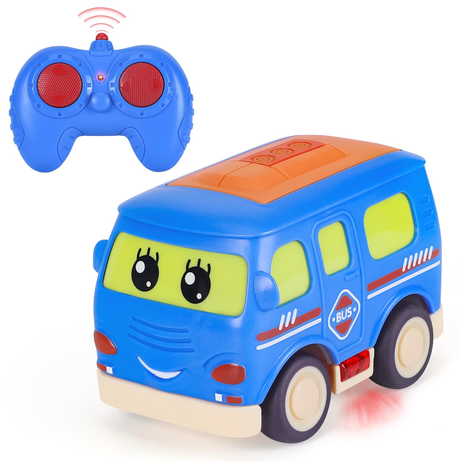 Highttoy Remote Control Cars for 1 2 3 Year Old Boys, Cartoon Remote Control Bus Toys for Toddlers 2.4GHz 4-Channel Mini RC Car Toy Gifts for 1+ Year Old Boys, Blue