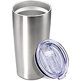 20 oz Tumbler Coffee Travel Tumblers Bulk with Lid Stainless Steel Double Wall Vacuum Insulated Mug Powder Coated Cups fit Car Cupholder for Hot and Cold - Stainless Steel, 1Pack