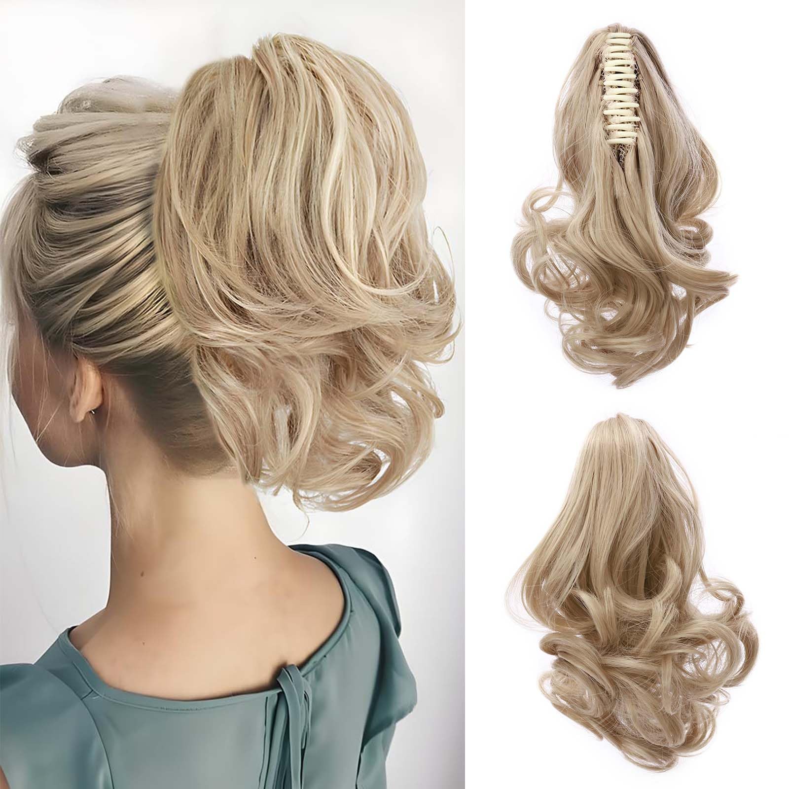 Fashion Ponytail Hair Extension Claw Curly Wavy Straight Clip in ponytail Hairpiece One Piece fake hair Ponytails for Women 12” Curly Dark Blonde mix Bleach Blonde