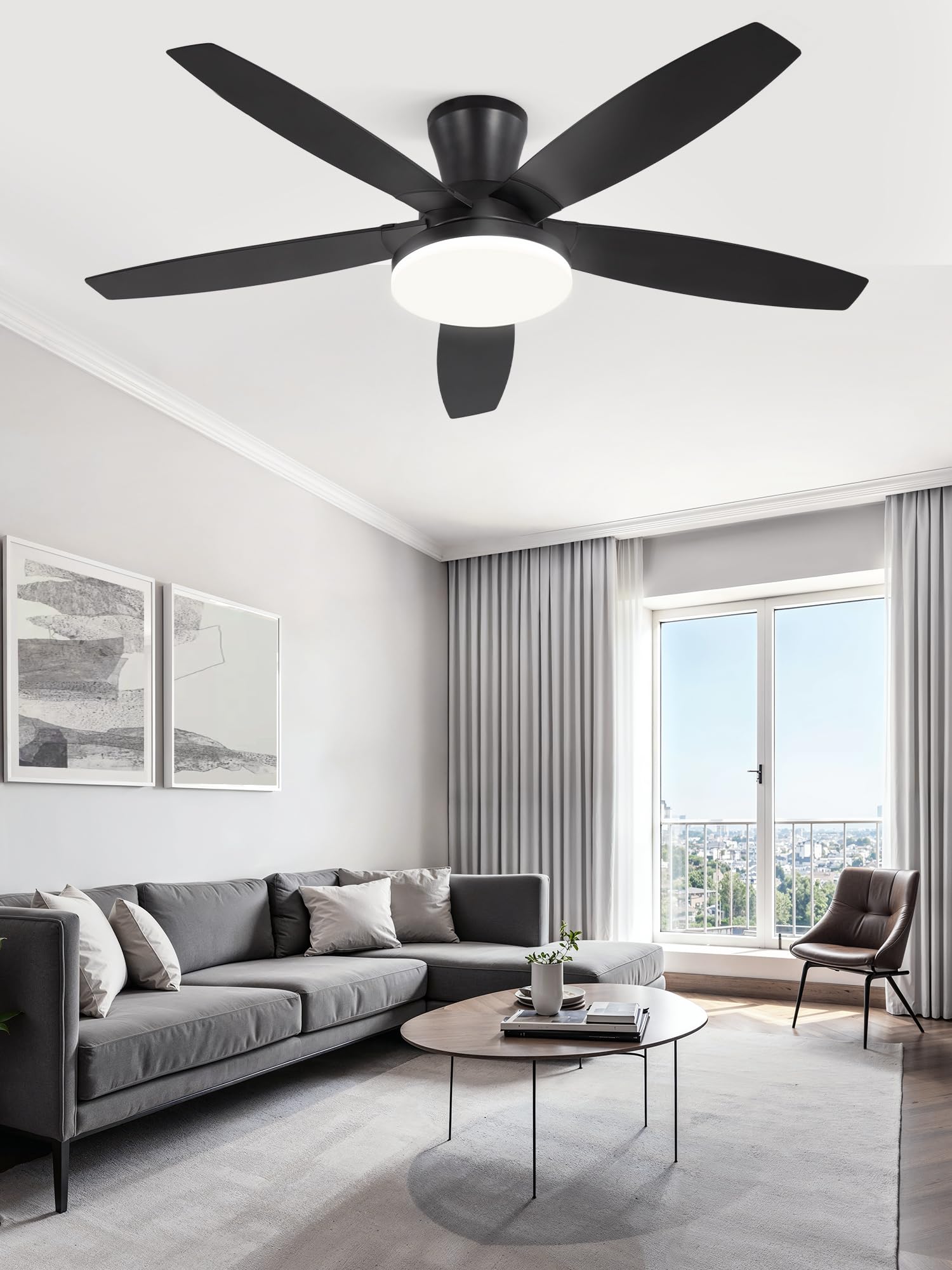 ZMISHIBO 48 inch Ceiling Fans with Lights and Remote/APP Control,Black Low Profile Ceiling Fan with Light,Quiet DC Motor,LED Dimmable, Modern Flush Mount Ceiling Fan for Bedroom Indoor/Outdoor Patio