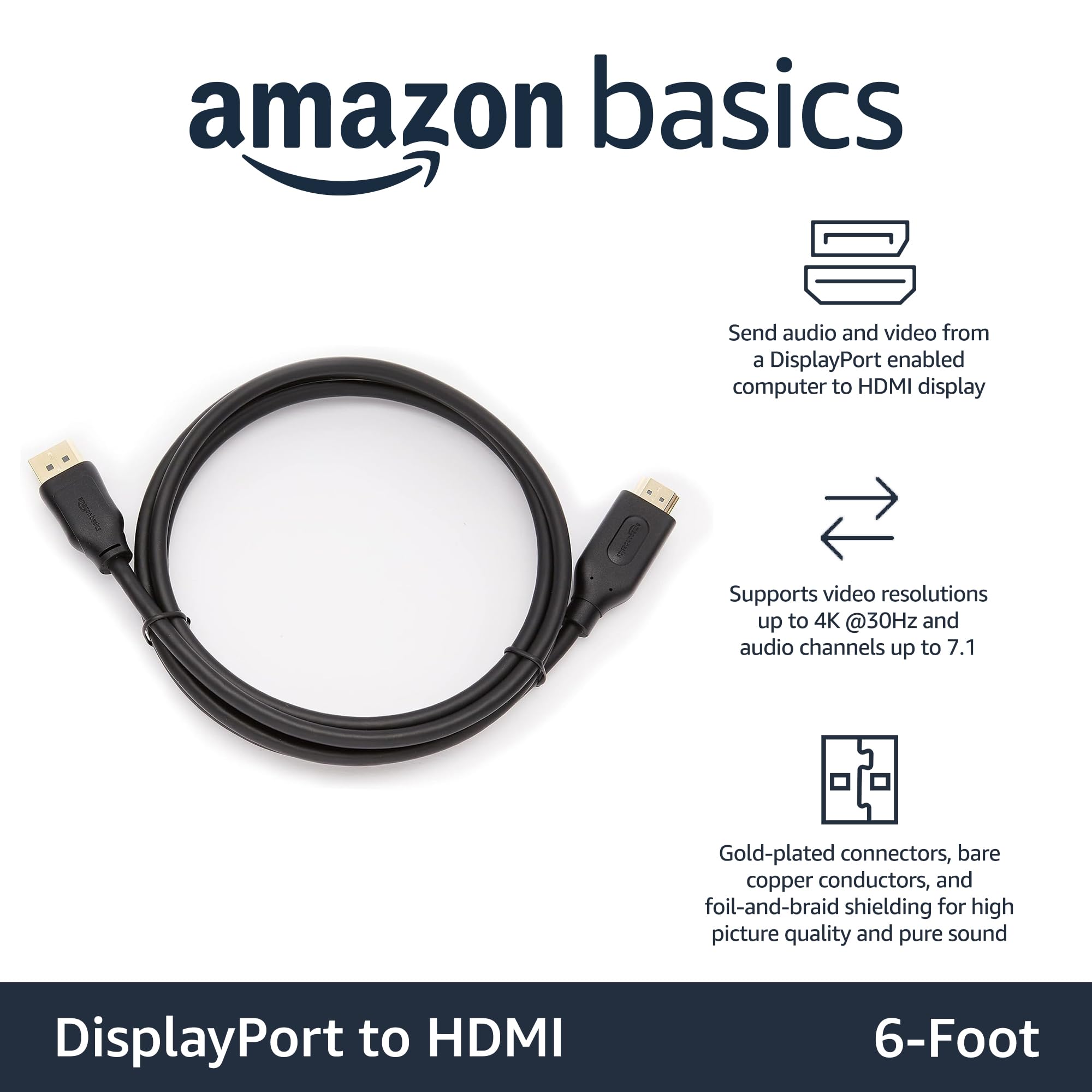Amazon Basics DisplayPort to HDMI Display Cable, Uni-Directional, 4k@30Hz, 1920x1200, 1080p, Gold-Plated Computer Monitor Projector Plugs, 6 foot - Pack of 10, Black