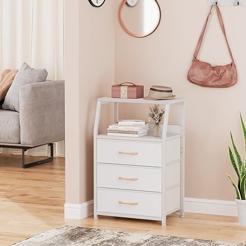 Furnulem White Nightstand with Drawers and 2-Tier Shelf, Small