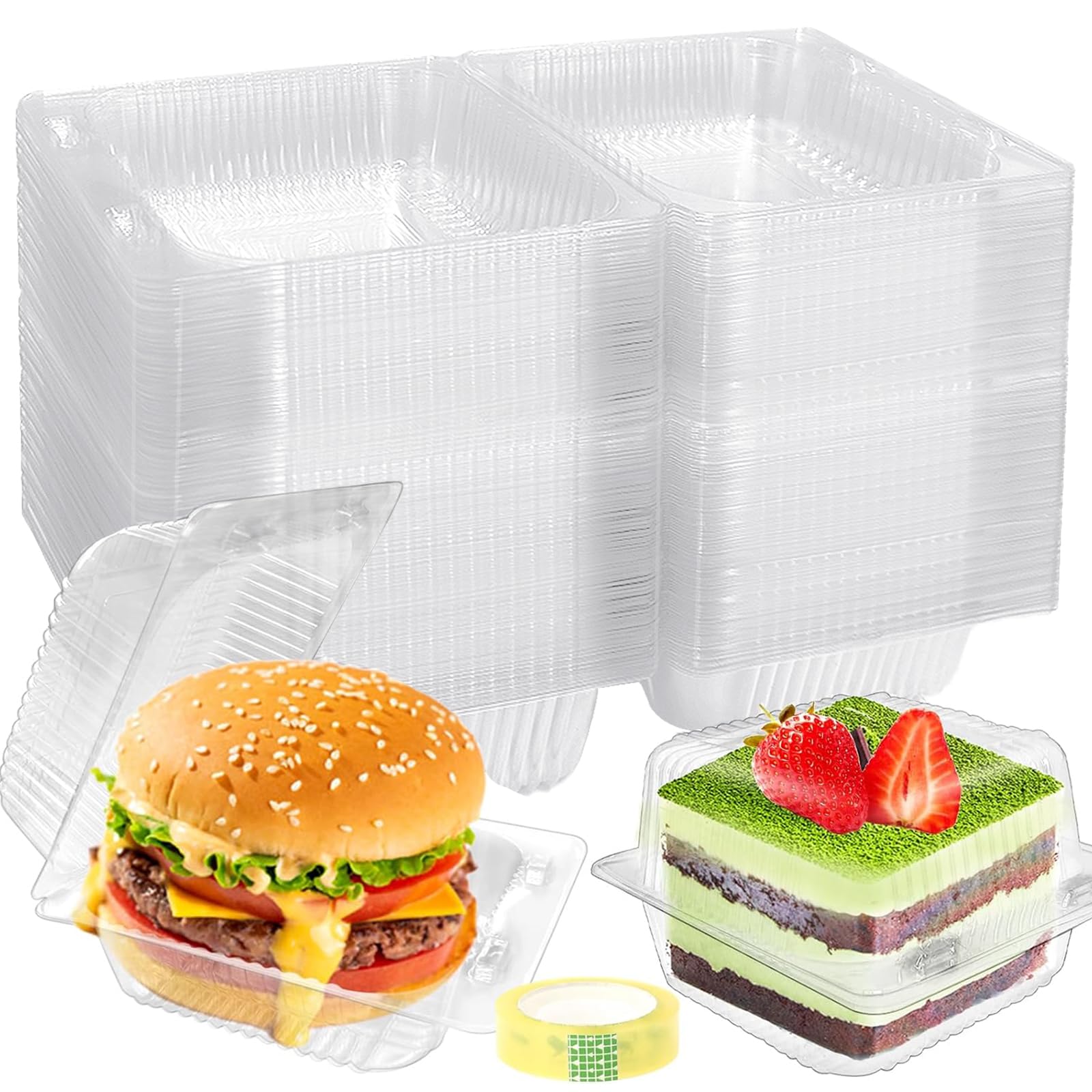 Photo 1 of 100 Pack Clear Plastic Square Hinged Food Containers,Disposable To Go Container Dessert Clamshell Take Out Tray with Tape for Cookies,Fruits,Salads,Sandwiches,5.3 x 4.7 x 2.7 Inch