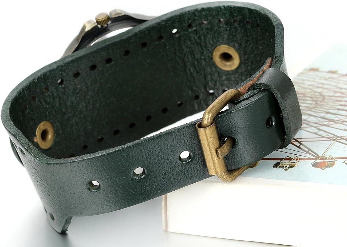JewelryWe Vintage Leather Strap Wide Band Wristwatch Cuff Quartz Watch for Men - Green - Image 4