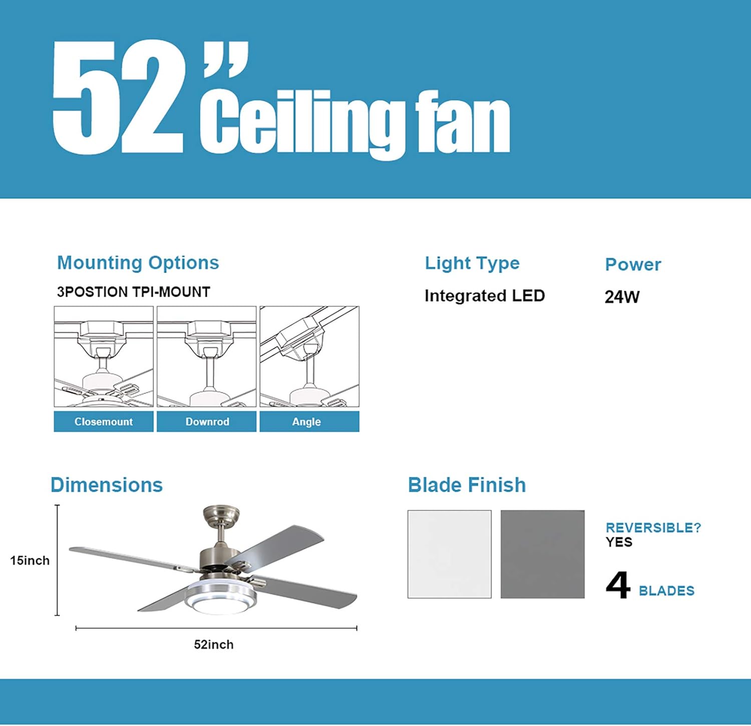Warmiplanet Ceiling Fan with LED Light and Remote Control, 52 Inch, Brushed Nickel (4-Blades): Kitchen & Dining