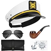 dodowin Captain Sailor Hat Set for Women Men, Yacht Rock Party Costume 4pcs | Nautical embroidered cap, sunglasses, tattoos, pipe, for Hugh Hefner Playboy parties, cruises, hawaii, boat, halloween events
