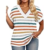 ROSRISS Women's Plus Size Tops Summer V Neck Oversized Shirts Casual Short Sleeve Stripe Tee Tops XL-5XL