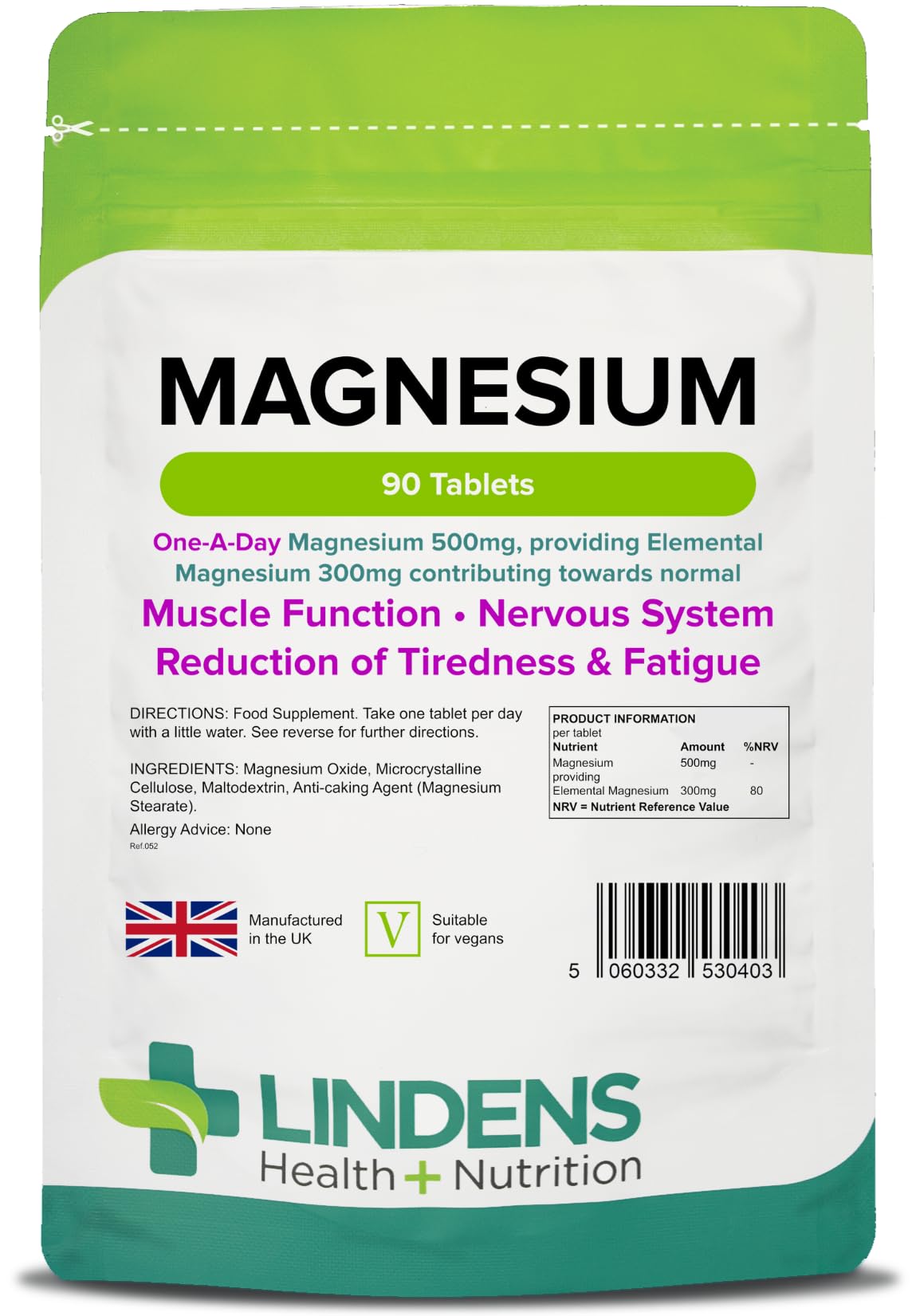 Lindens 500mg Magnesium Tablets | 90s 1-a-Day | UK Made | Tiredness, Muscle Function, Energy, Bones, Teeth, Nervous System | Letterbox Friendly | Vegan